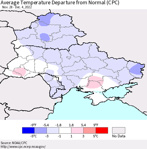 Ukraine, Moldova and Belarus Average Temperature Departure from Normal (CPC) Thematic Map For 11/28/2022 - 12/4/2022