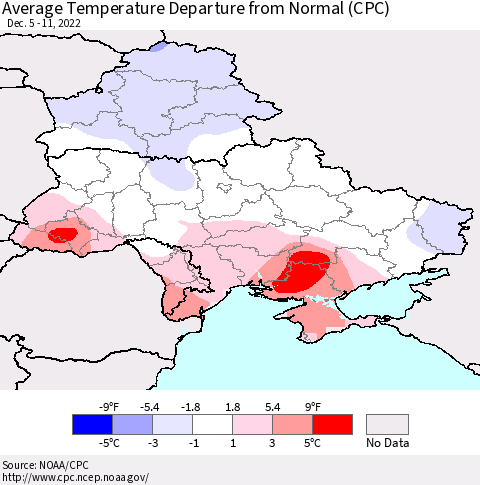 Ukraine, Moldova and Belarus Average Temperature Departure from Normal (CPC) Thematic Map For 12/5/2022 - 12/11/2022