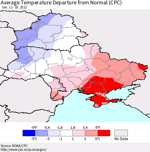 Ukraine, Moldova and Belarus Average Temperature Departure from Normal (CPC) Thematic Map For 12/12/2022 - 12/18/2022