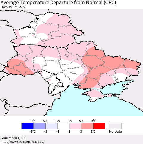 Ukraine, Moldova and Belarus Average Temperature Departure from Normal (CPC) Thematic Map For 12/19/2022 - 12/25/2022