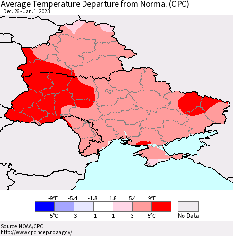 Ukraine, Moldova and Belarus Average Temperature Departure from Normal (CPC) Thematic Map For 12/26/2022 - 1/1/2023
