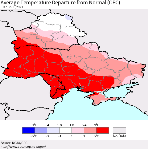 Ukraine, Moldova and Belarus Average Temperature Departure from Normal (CPC) Thematic Map For 1/2/2023 - 1/8/2023