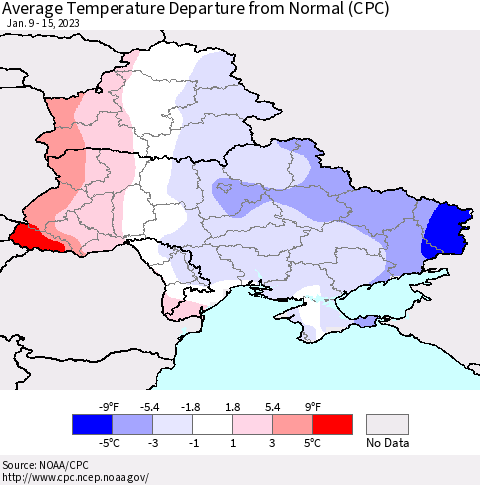 Ukraine, Moldova and Belarus Average Temperature Departure from Normal (CPC) Thematic Map For 1/9/2023 - 1/15/2023