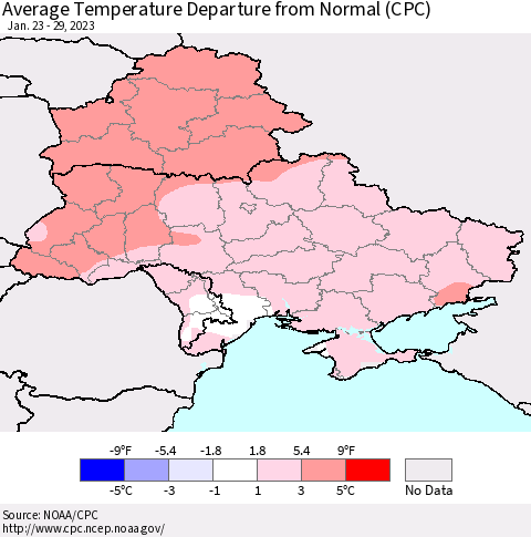 Ukraine, Moldova and Belarus Average Temperature Departure from Normal (CPC) Thematic Map For 1/23/2023 - 1/29/2023