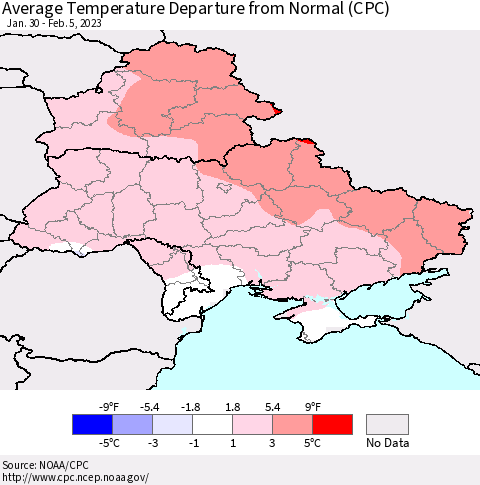 Ukraine, Moldova and Belarus Average Temperature Departure from Normal (CPC) Thematic Map For 1/30/2023 - 2/5/2023