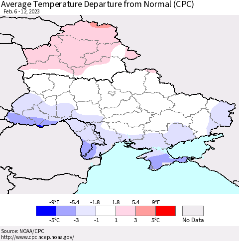 Ukraine, Moldova and Belarus Average Temperature Departure from Normal (CPC) Thematic Map For 2/6/2023 - 2/12/2023