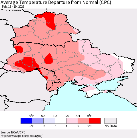 Ukraine, Moldova and Belarus Average Temperature Departure from Normal (CPC) Thematic Map For 2/13/2023 - 2/19/2023