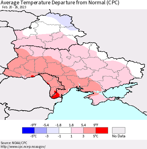 Ukraine, Moldova and Belarus Average Temperature Departure from Normal (CPC) Thematic Map For 2/20/2023 - 2/26/2023