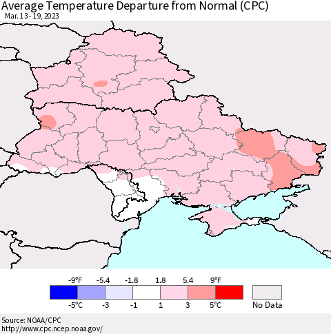 Ukraine, Moldova and Belarus Average Temperature Departure from Normal (CPC) Thematic Map For 3/13/2023 - 3/19/2023