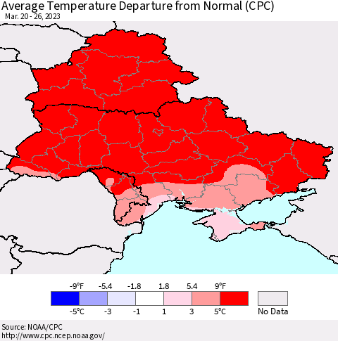 Ukraine, Moldova and Belarus Average Temperature Departure from Normal (CPC) Thematic Map For 3/20/2023 - 3/26/2023