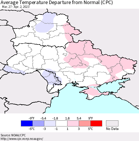 Ukraine, Moldova and Belarus Average Temperature Departure from Normal (CPC) Thematic Map For 3/27/2023 - 4/2/2023