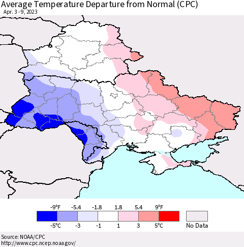 Ukraine, Moldova and Belarus Average Temperature Departure from Normal (CPC) Thematic Map For 4/3/2023 - 4/9/2023