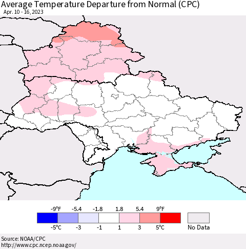 Ukraine, Moldova and Belarus Average Temperature Departure from Normal (CPC) Thematic Map For 4/10/2023 - 4/16/2023