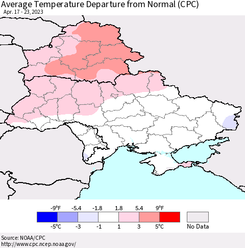 Ukraine, Moldova and Belarus Average Temperature Departure from Normal (CPC) Thematic Map For 4/17/2023 - 4/23/2023