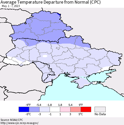 Ukraine, Moldova and Belarus Average Temperature Departure from Normal (CPC) Thematic Map For 5/1/2023 - 5/7/2023