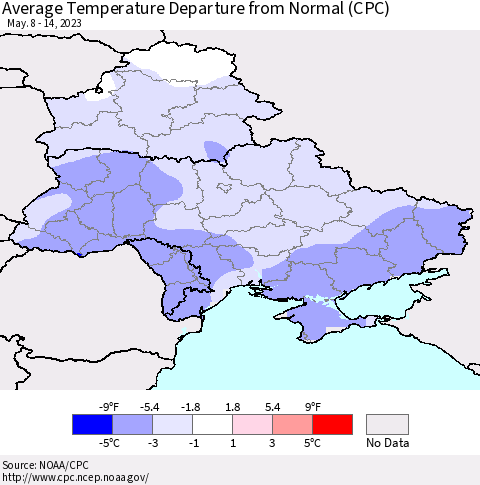 Ukraine, Moldova and Belarus Average Temperature Departure from Normal (CPC) Thematic Map For 5/8/2023 - 5/14/2023