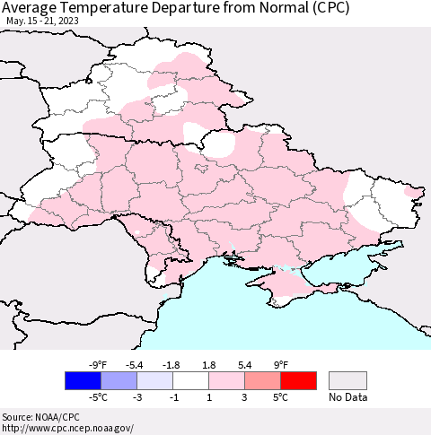 Ukraine, Moldova and Belarus Average Temperature Departure from Normal (CPC) Thematic Map For 5/15/2023 - 5/21/2023