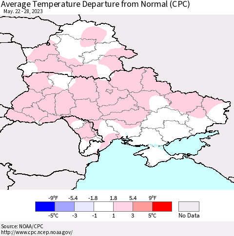Ukraine, Moldova and Belarus Average Temperature Departure from Normal (CPC) Thematic Map For 5/22/2023 - 5/28/2023
