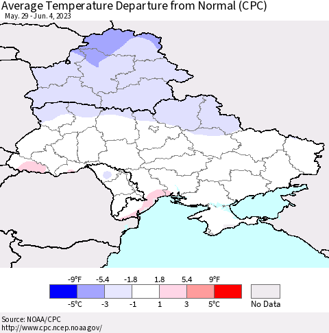 Ukraine, Moldova and Belarus Average Temperature Departure from Normal (CPC) Thematic Map For 5/29/2023 - 6/4/2023
