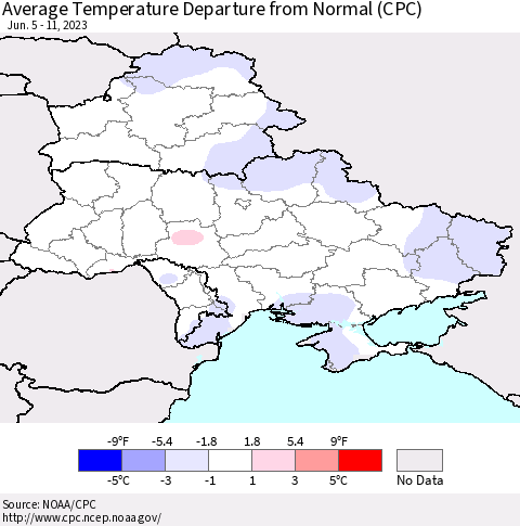 Ukraine, Moldova and Belarus Average Temperature Departure from Normal (CPC) Thematic Map For 6/5/2023 - 6/11/2023