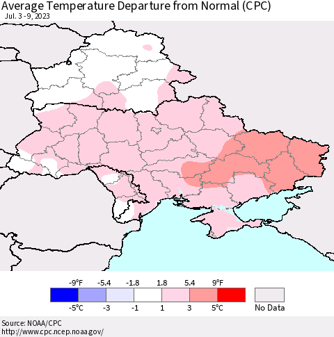 Ukraine, Moldova and Belarus Average Temperature Departure from Normal (CPC) Thematic Map For 7/3/2023 - 7/9/2023