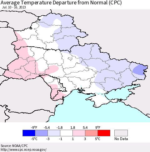 Ukraine, Moldova and Belarus Average Temperature Departure from Normal (CPC) Thematic Map For 7/10/2023 - 7/16/2023