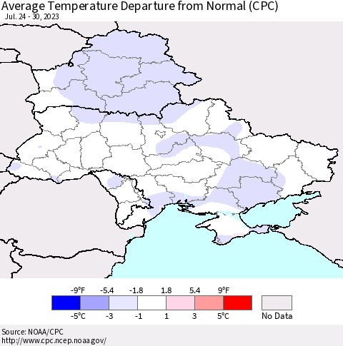 Ukraine, Moldova and Belarus Average Temperature Departure from Normal (CPC) Thematic Map For 7/24/2023 - 7/30/2023