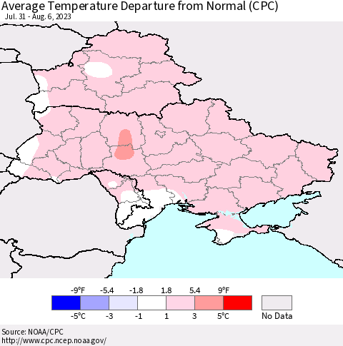 Ukraine, Moldova and Belarus Average Temperature Departure from Normal (CPC) Thematic Map For 7/31/2023 - 8/6/2023