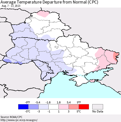 Ukraine, Moldova and Belarus Average Temperature Departure from Normal (CPC) Thematic Map For 8/7/2023 - 8/13/2023