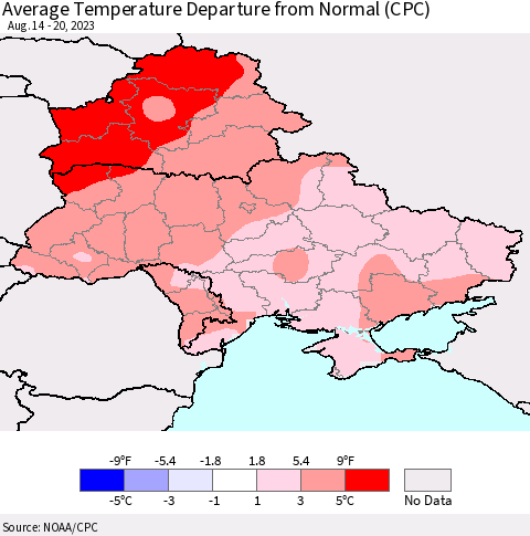 Ukraine, Moldova and Belarus Average Temperature Departure from Normal (CPC) Thematic Map For 8/14/2023 - 8/20/2023