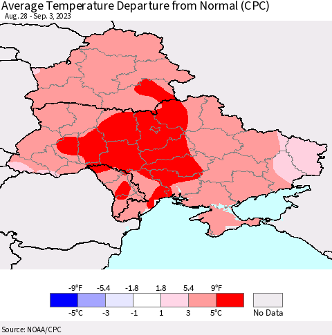 Ukraine, Moldova and Belarus Average Temperature Departure from Normal (CPC) Thematic Map For 8/28/2023 - 9/3/2023