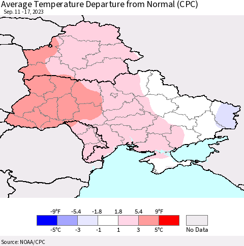 Ukraine, Moldova and Belarus Average Temperature Departure from Normal (CPC) Thematic Map For 9/11/2023 - 9/17/2023