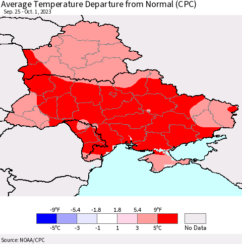 Ukraine, Moldova and Belarus Average Temperature Departure from Normal (CPC) Thematic Map For 9/25/2023 - 10/1/2023