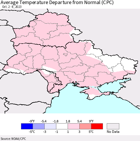 Ukraine, Moldova and Belarus Average Temperature Departure from Normal (CPC) Thematic Map For 10/2/2023 - 10/8/2023