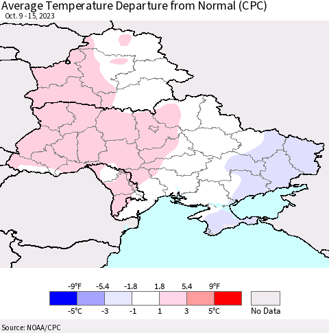 Ukraine, Moldova and Belarus Average Temperature Departure from Normal (CPC) Thematic Map For 10/9/2023 - 10/15/2023