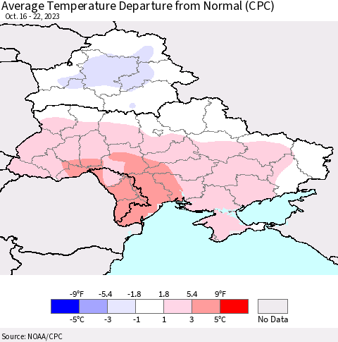 Ukraine, Moldova and Belarus Average Temperature Departure from Normal (CPC) Thematic Map For 10/16/2023 - 10/22/2023