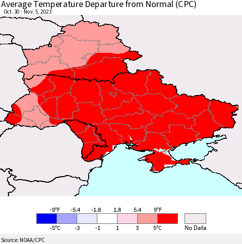 Ukraine, Moldova and Belarus Average Temperature Departure from Normal (CPC) Thematic Map For 10/30/2023 - 11/5/2023