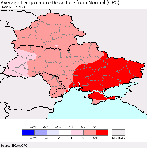 Ukraine, Moldova and Belarus Average Temperature Departure from Normal (CPC) Thematic Map For 11/6/2023 - 11/12/2023