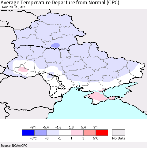 Ukraine, Moldova and Belarus Average Temperature Departure from Normal (CPC) Thematic Map For 11/20/2023 - 11/26/2023