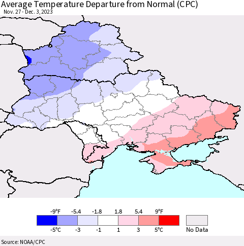 Ukraine, Moldova and Belarus Average Temperature Departure from Normal (CPC) Thematic Map For 11/27/2023 - 12/3/2023