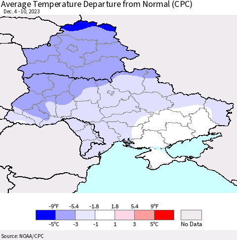 Ukraine, Moldova and Belarus Average Temperature Departure from Normal (CPC) Thematic Map For 12/4/2023 - 12/10/2023