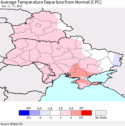 Ukraine, Moldova and Belarus Average Temperature Departure from Normal (CPC) Thematic Map For 12/11/2023 - 12/17/2023