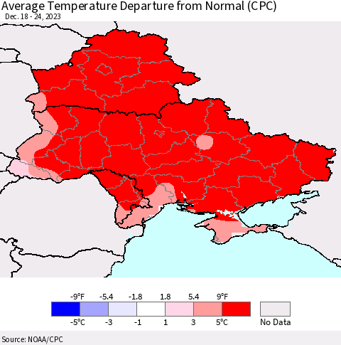 Ukraine, Moldova and Belarus Average Temperature Departure from Normal (CPC) Thematic Map For 12/18/2023 - 12/24/2023