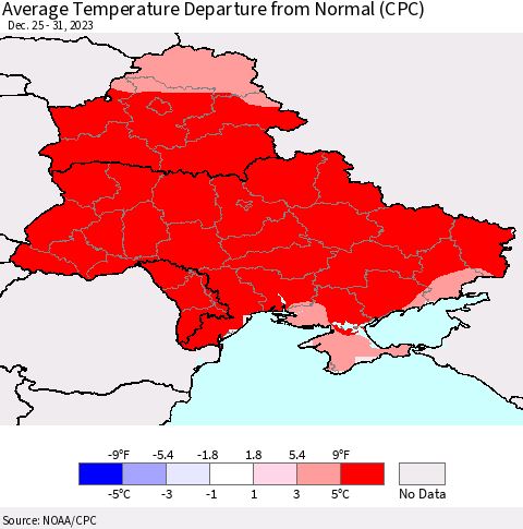 Ukraine, Moldova and Belarus Average Temperature Departure from Normal (CPC) Thematic Map For 12/25/2023 - 12/31/2023