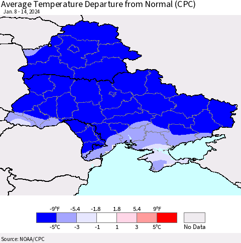 Ukraine, Moldova and Belarus Average Temperature Departure from Normal (CPC) Thematic Map For 1/8/2024 - 1/14/2024