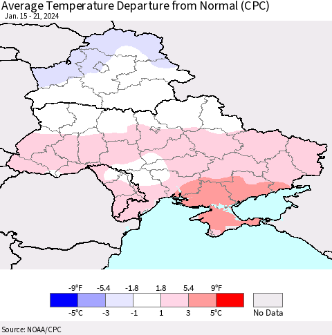 Ukraine, Moldova and Belarus Average Temperature Departure from Normal (CPC) Thematic Map For 1/15/2024 - 1/21/2024