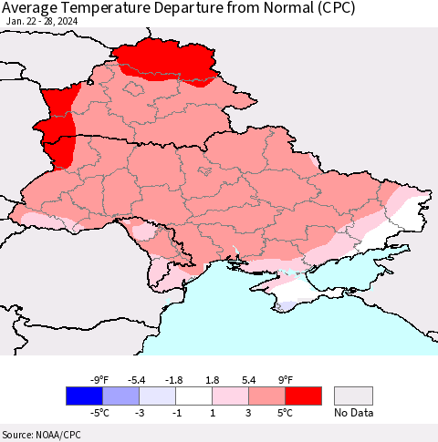 Ukraine, Moldova and Belarus Average Temperature Departure from Normal (CPC) Thematic Map For 1/22/2024 - 1/28/2024