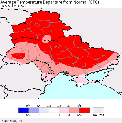 Ukraine, Moldova and Belarus Average Temperature Departure from Normal (CPC) Thematic Map For 1/29/2024 - 2/4/2024