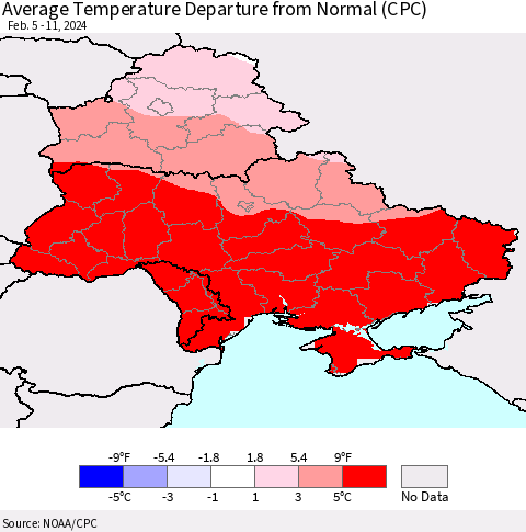 Ukraine, Moldova and Belarus Average Temperature Departure from Normal (CPC) Thematic Map For 2/5/2024 - 2/11/2024
