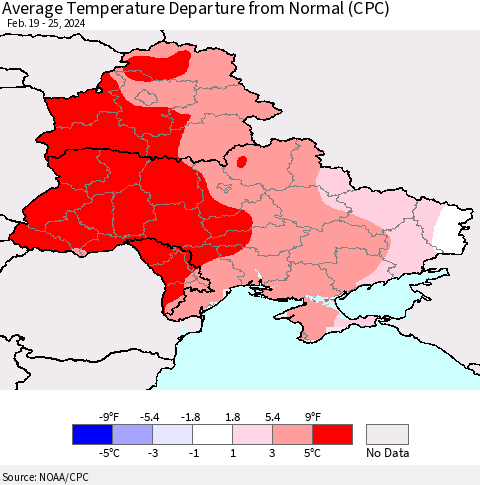 Ukraine, Moldova and Belarus Average Temperature Departure from Normal (CPC) Thematic Map For 2/19/2024 - 2/25/2024